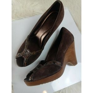 Cole Haan Suede Leather Peep Toe Wedge Heels Shoes